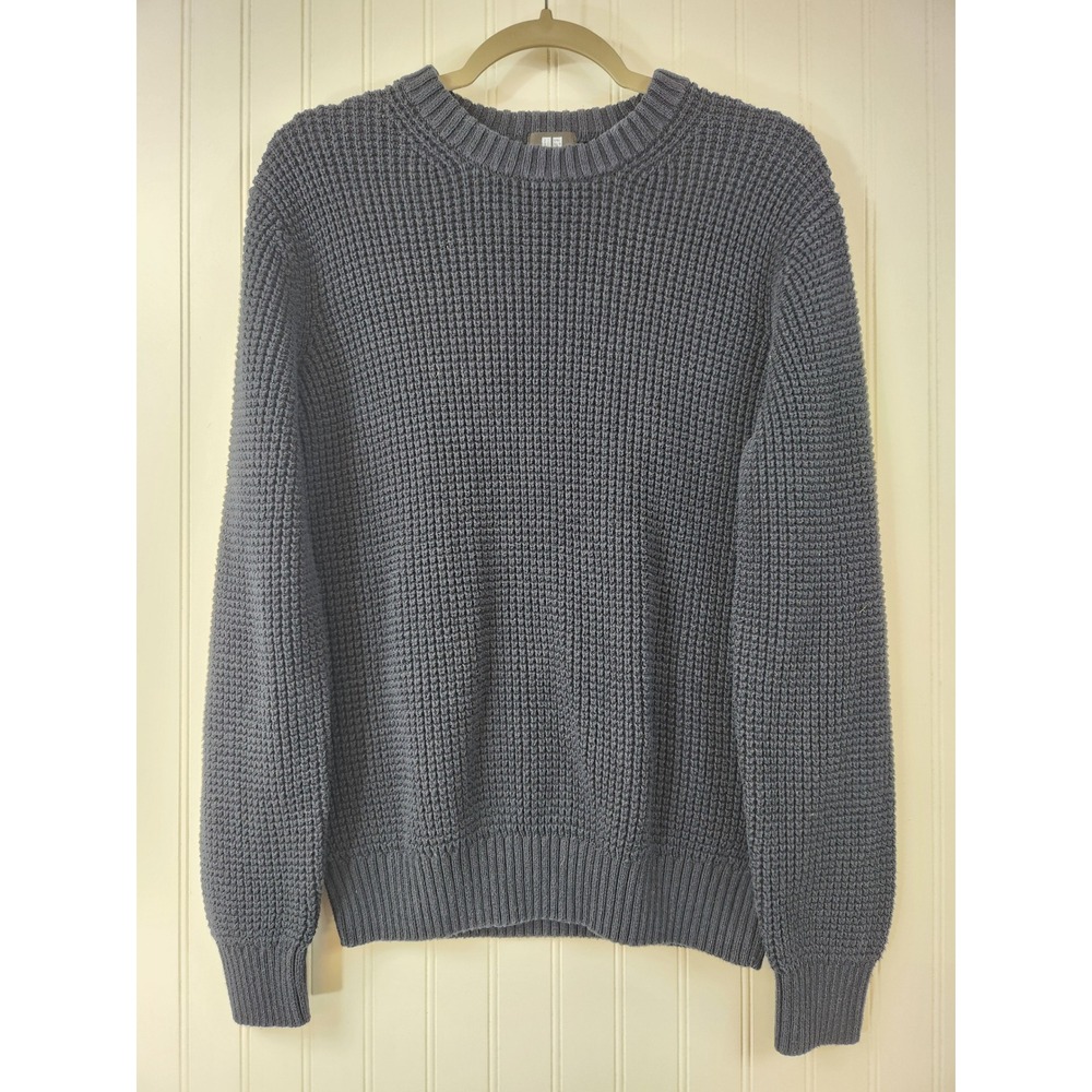 Uniqlo Mens Waffle Knit Crew Neck Sweater Navy Blue Cotton Blend Large Preppy